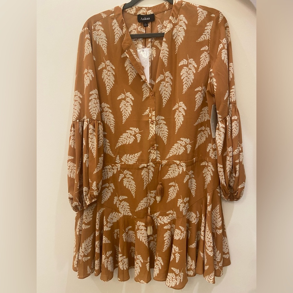 Aakaa Tan Dress with White Leaf Print